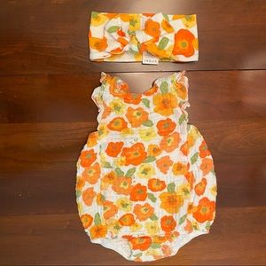 Muslin Bubble Sunsuit & bow by Angel Dear 3-6m
